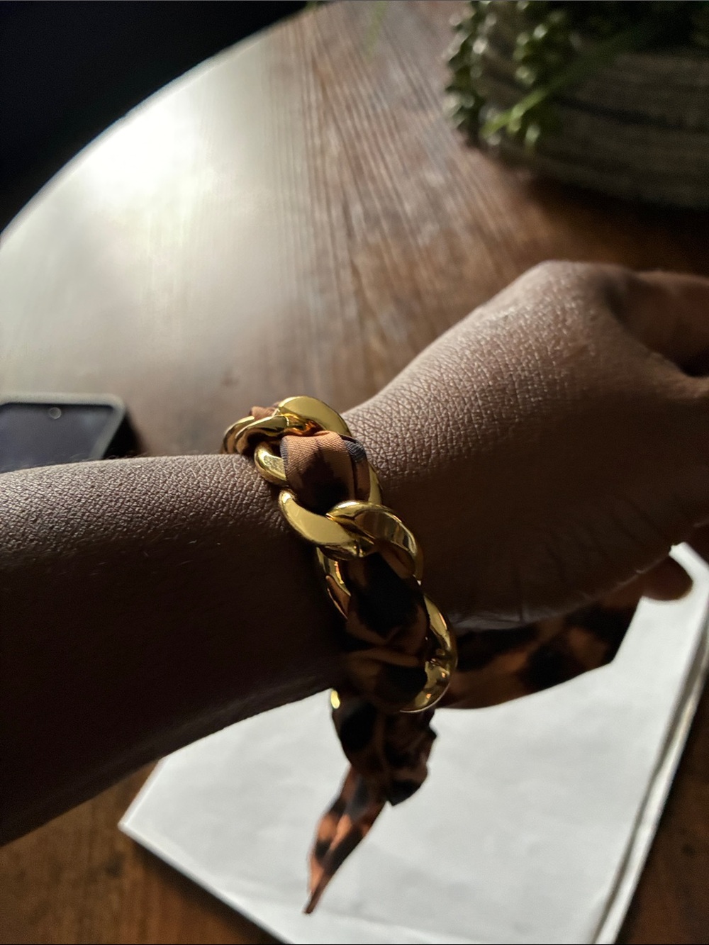 Gold Chain-Link Bracelet with Leopard Print Scarf